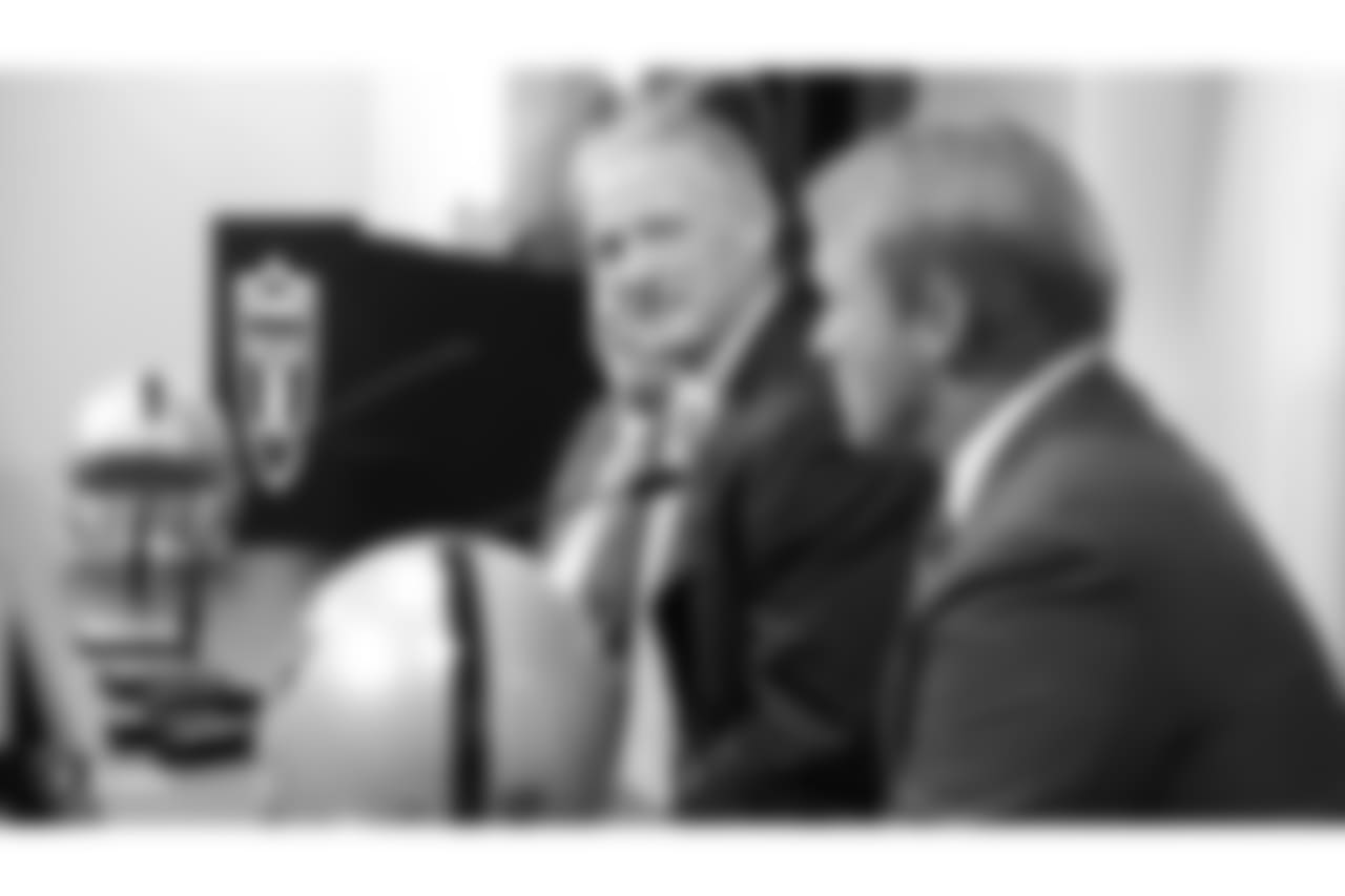 Oakland Raiders owner Mark Davis and head coach Jon Gruden introduce Mike Mayock as the general manager of the Oakland Raiders at a press conference, Monday, December 31, 2018, in Alameda, California.