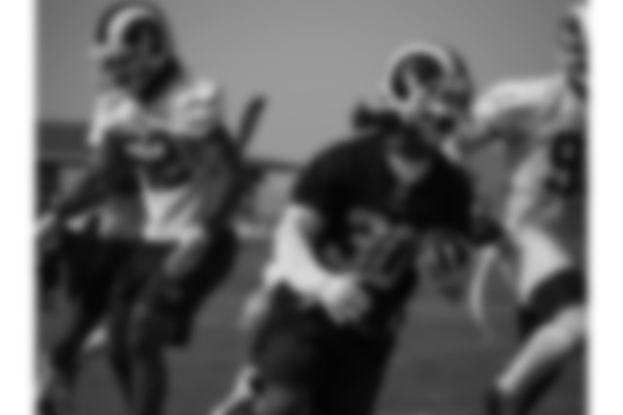 running back TODD GURLEY II (30) Of The Los Angeles Rams, running for end zone after reception during practice at training camp 2018 at University Of California Irvine in Irvine, CA on 08/11/2018 (rams/KameryonGreyBrown)