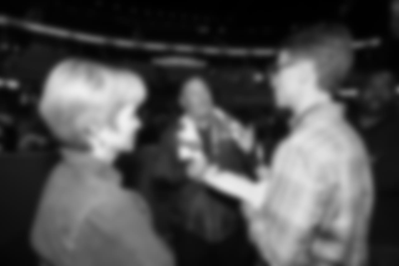 Defensive line coach Bill Johnson of the Los Angeles Rams is interviewed during Opening Night at State Farm Arena for Super Bowl LIII festivities. The Los Angeles Rams face off versus the New England Patriots. Monday, January 28, 2019, Atlanta, GA. (Will Navarro/Rams)