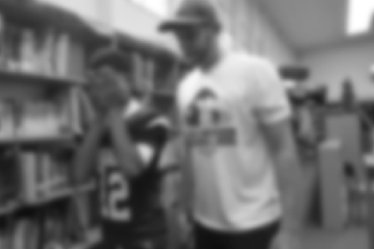 The Los Angeles Rams staff and current players Johnny Hekker, Aqib Talib, and Mark Barron with R.I.S.E staff hold a leadership session with aim to break socioeconomic barriers between two high schools (Morningside High School, And Oaks Christian School), with varying demographics. September 16, 2018, at Morningside High School, in Los Angeles, CA. (Daniel Bowyer/Rams)