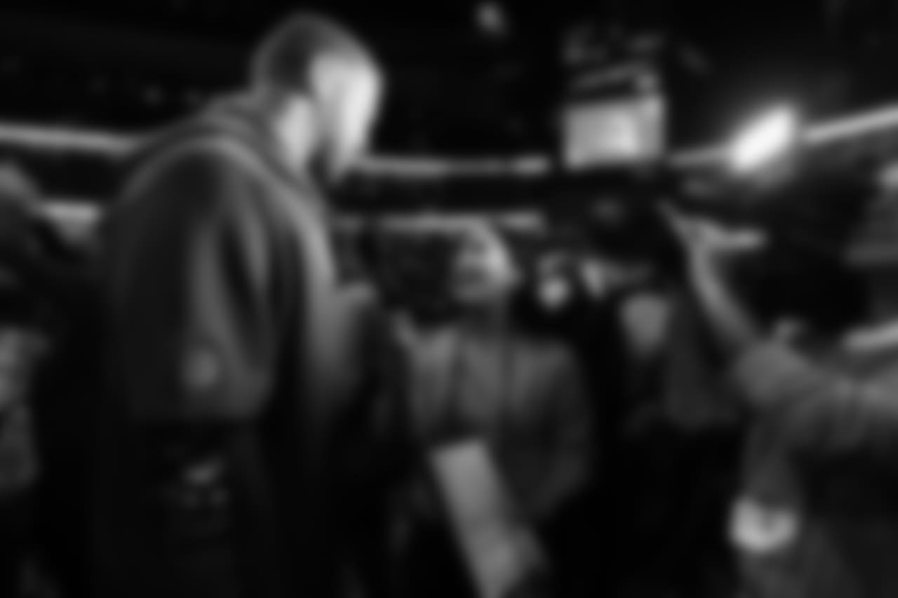Punter (06) Johnny Hekker of the Los Angeles Rams is interviewed during Opening Night at State Farm Arena for Super Bowl LIII festivities. The Los Angeles Rams face off versus the New England Patriots. Monday, January 28, 2019, Atlanta, GA. (Will Navarro/Rams)