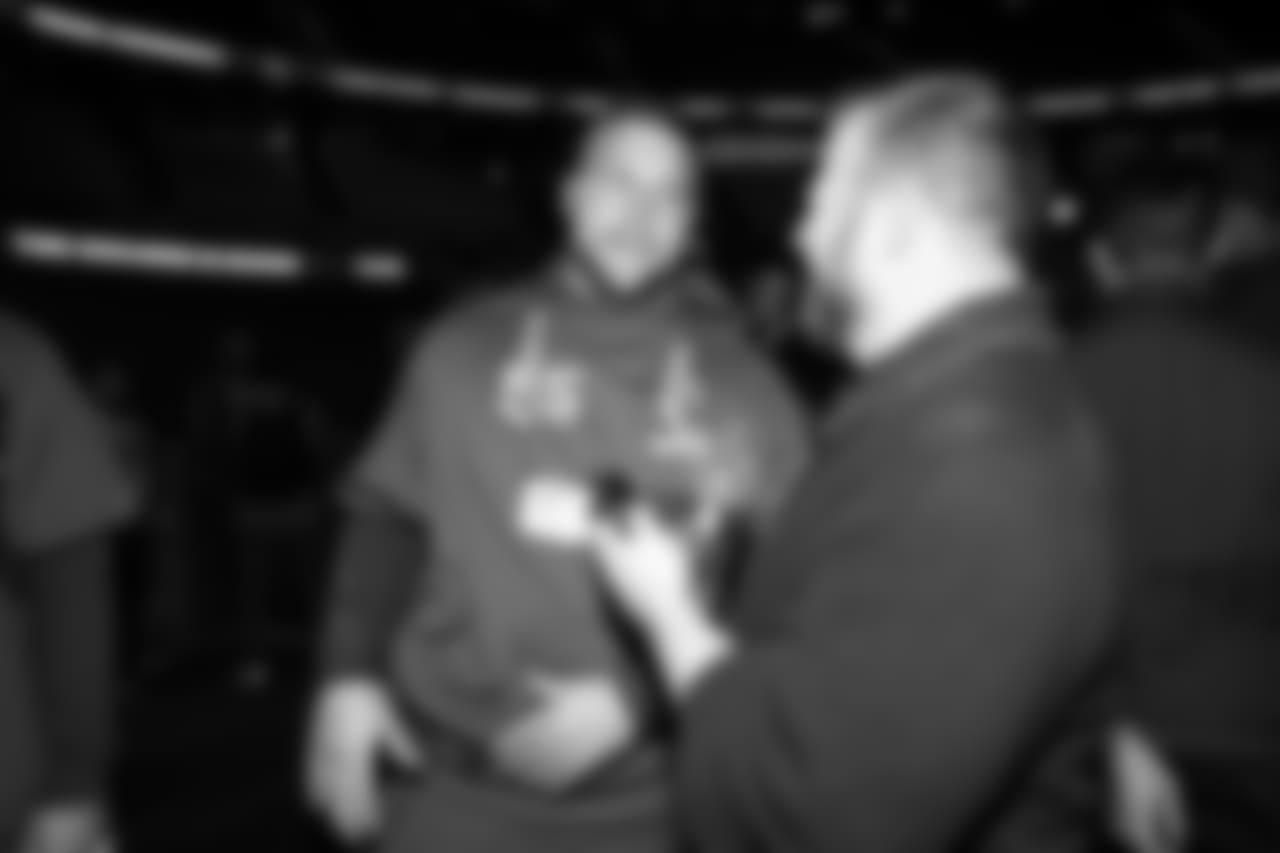 Center (55) Brian Allen of the Los Angeles Rams is interviewed during Opening Night at State Farm Arena for Super Bowl LIII festivities. The Los Angeles Rams face off versus the New England Patriots. Monday, January 28, 2019, Atlanta, GA. (Will Navarro/Rams)
