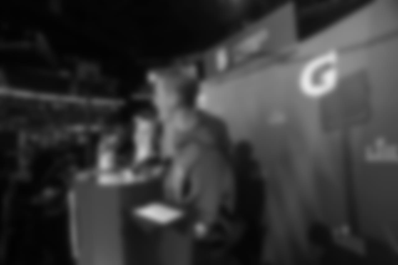 Quarterback (16) Jared Goff of the Los Angeles Rams is interviewed during Opening Night at State Farm Arena for Super Bowl LIII festivities. The Los Angeles Rams face off versus the New England Patriots. Monday, January 28, 2019, Atlanta, GA. (Will Navarro/Rams)