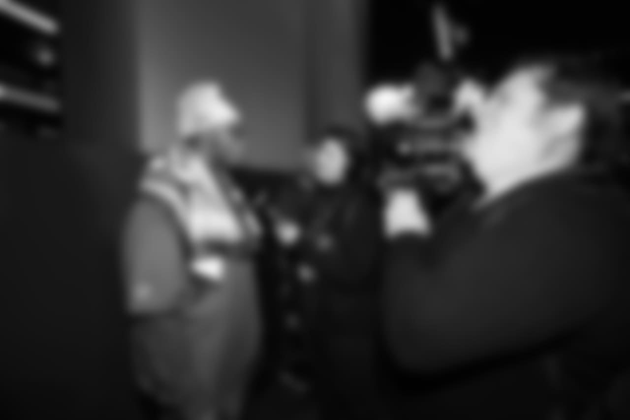 Outside linebacker (50) Samson Ebukam of the Los Angeles Rams is interviewed during Opening Night at State Farm Arena for Super Bowl LIII festivities. The Los Angeles Rams face off versus the New England Patriots. Monday, January 28, 2019, Atlanta, GA. (Will Navarro/Rams)