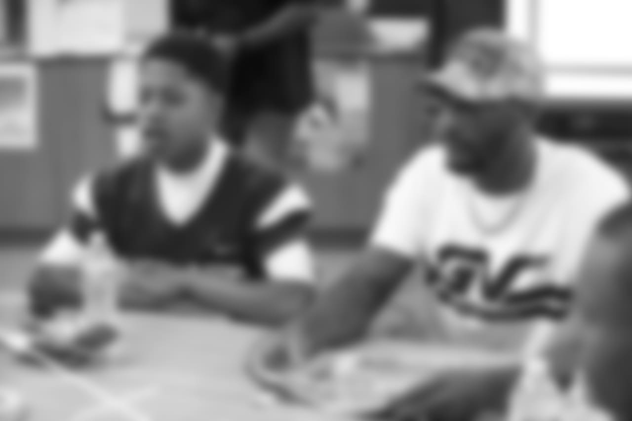 The Los Angeles Rams staff and current players Johnny Hekker, Aqib Talib, and Mark Barron with R.I.S.E staff hold a leadership session with aim to break socioeconomic barriers between two high schools (Morningside High School, And Oaks Christian School), with varying demographics. September 16, 2018, at Morningside High School, in Los Angeles, CA. (Daniel Bowyer/Rams)