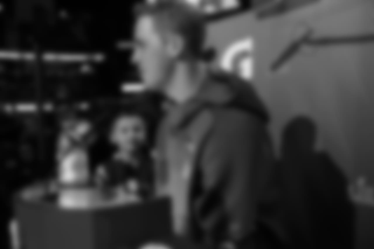 Quarterback (16) Jared Goff of the Los Angeles Rams is interviewed during Opening Night at State Farm Arena for Super Bowl LIII festivities. The Los Angeles Rams face off versus the New England Patriots. Monday, January 28, 2019, Atlanta, GA. (Will Navarro/Rams)