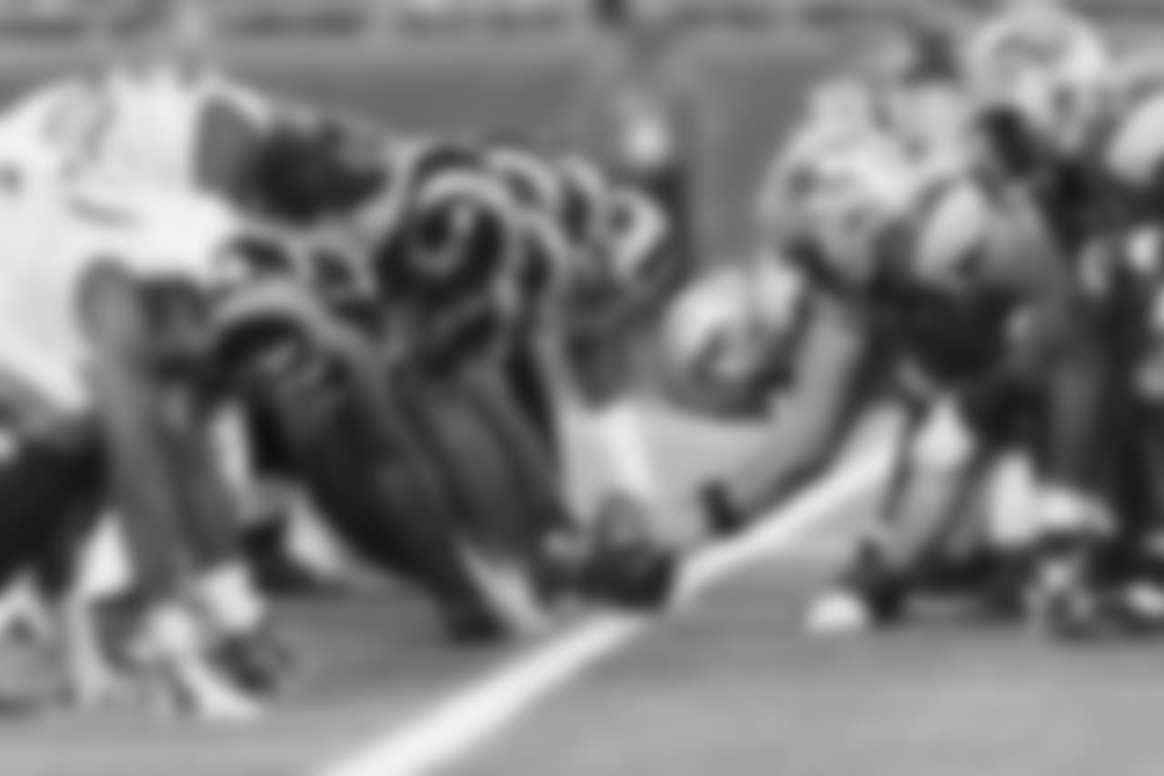 Los Angeles Rams special teams at the line of scrimmage during the NFL regular season game against the Detroit Lions on Sunday, Oct. 16, 2016 in Detroit. (Ric Tapia/Rams)