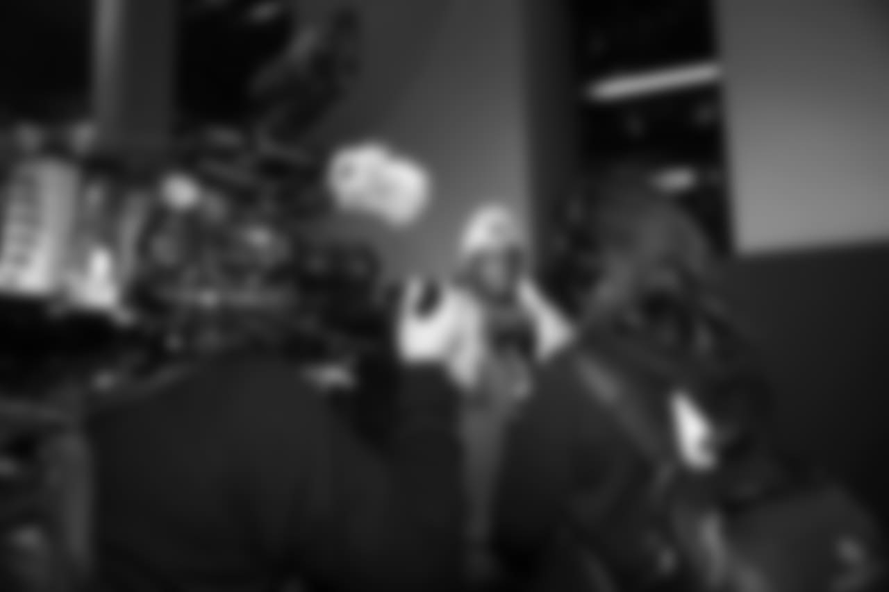 Outside linebacker (50) Samson Ebukam of the Los Angeles Rams is interviewed during Opening Night at State Farm Arena for Super Bowl LIII festivities. The Los Angeles Rams face off versus the New England Patriots. Monday, January 28, 2019, Atlanta, GA. (Will Navarro/Rams)