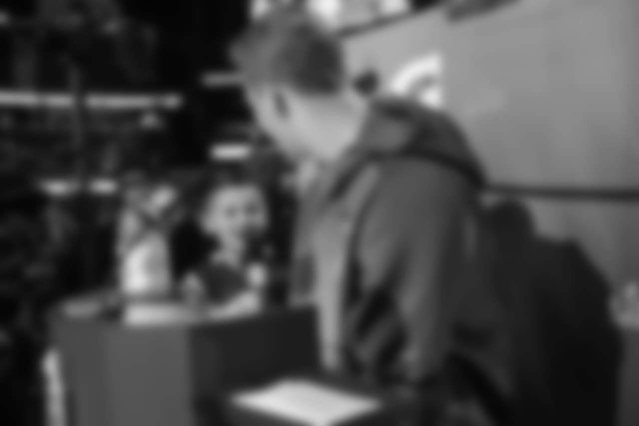 Quarterback (16) Jared Goff of the Los Angeles Rams is interviewed during Opening Night at State Farm Arena for Super Bowl LIII festivities. The Los Angeles Rams face off versus the New England Patriots. Monday, January 28, 2019, Atlanta, GA. (Will Navarro/Rams)
