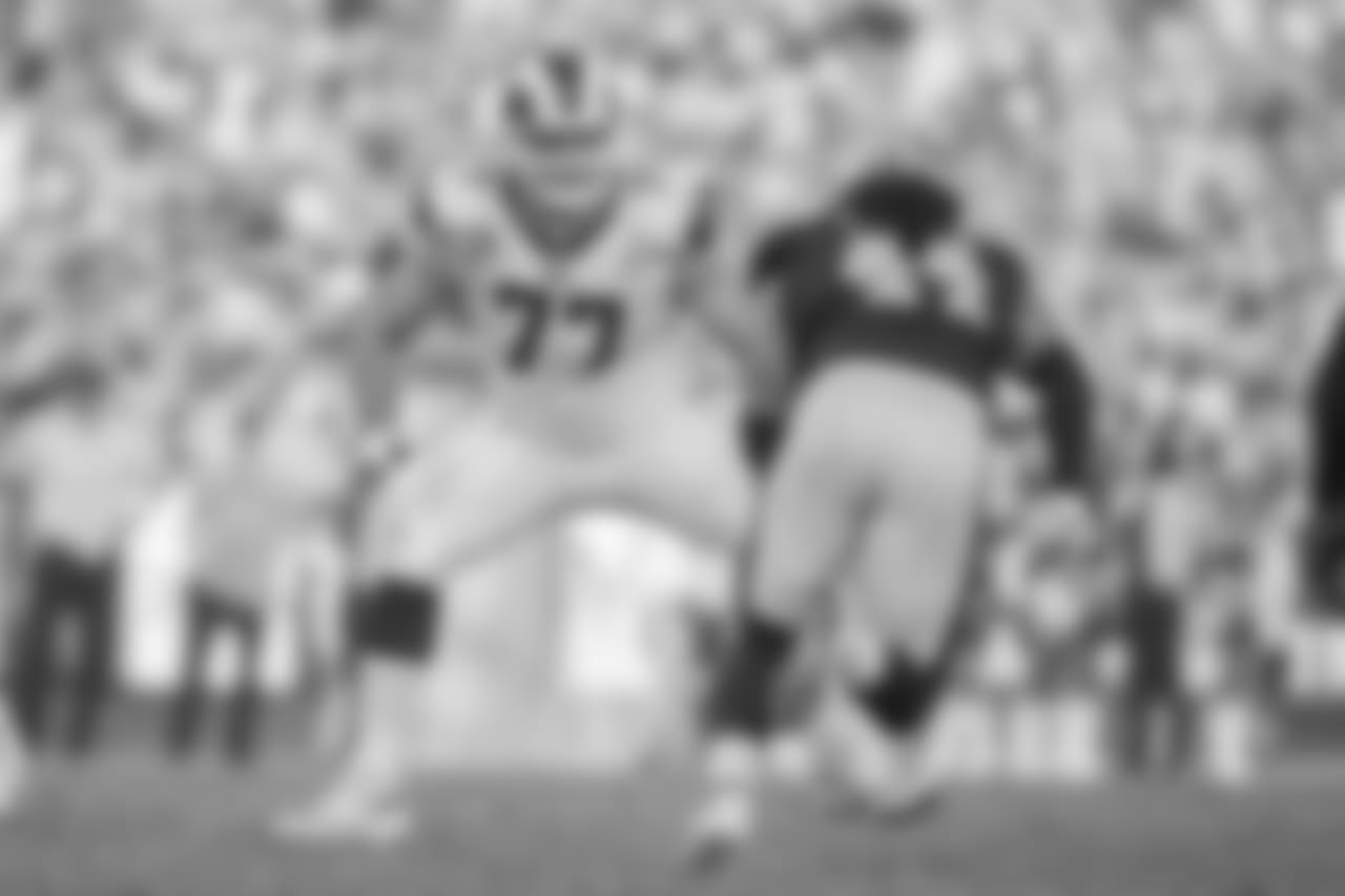 Tackle (77) Andrew Whitworth of the Los Angeles Rams against the New Orleans Saints during the Rams 26-20 victory over the Saints in an NFL Week 12 football game, Sunday, November 26, 2017, in Los Angeles, CA. (Jeff Lewis/Rams)