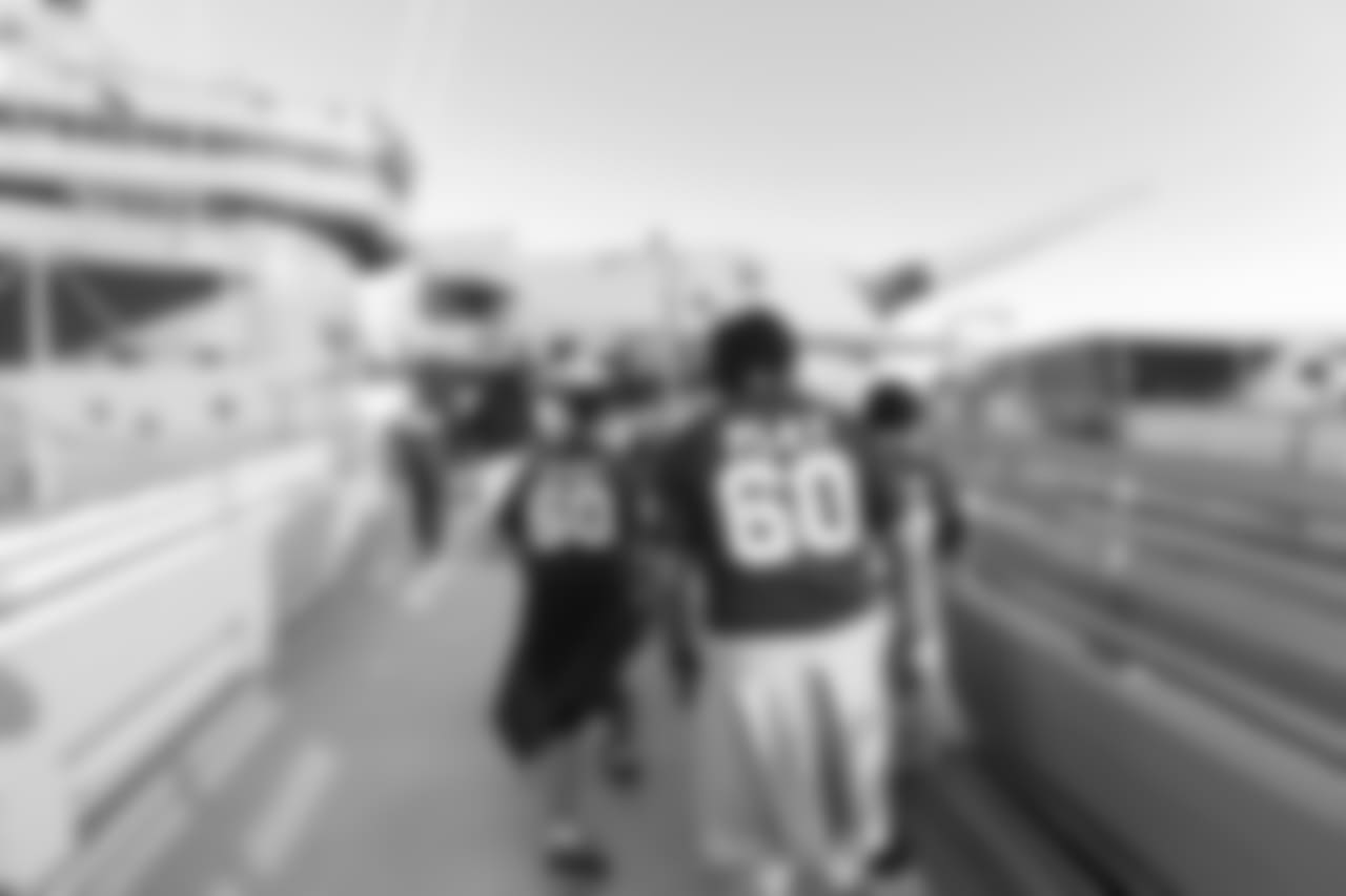 As part of Salute to Service Week, the Los Angeles Rams host approximately 150 youths for a Play 60 event on the USS IOWA Battleship along with USO volunteers to encourage participants to be physically active for 60 minutes a day. Participants take a tour of the USS IOWA Battleship museum. Wednesday, November 08, 2018, Los Angeles, CA. (Will Navarro/Rams)