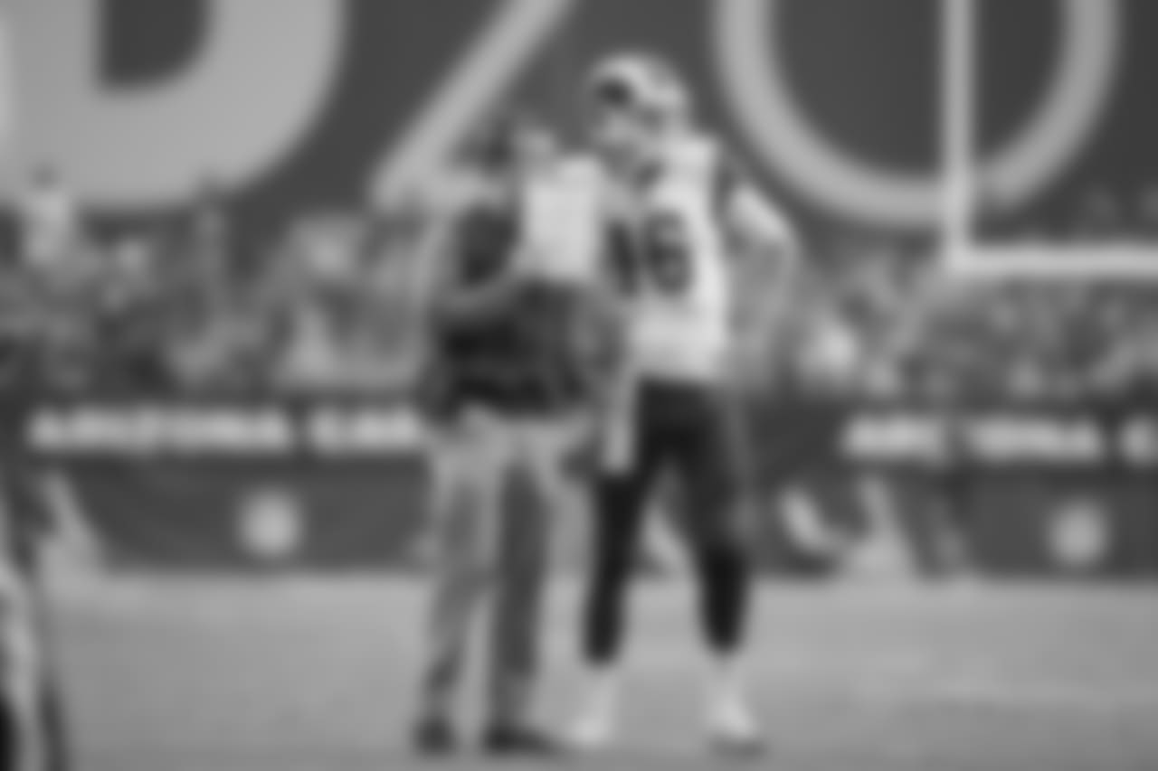 Quarterback (16) Jared Goff of the Los Angeles Rams speaks to head coach Sean McVay during a timeout against the Arizona Cardinals during the Rams 32-16 victory over the Cardinals in a Week 13 NFL football game, Sunday, December 3, 2017, in Glendale, AZ. (Jeff Lewis/Rams)