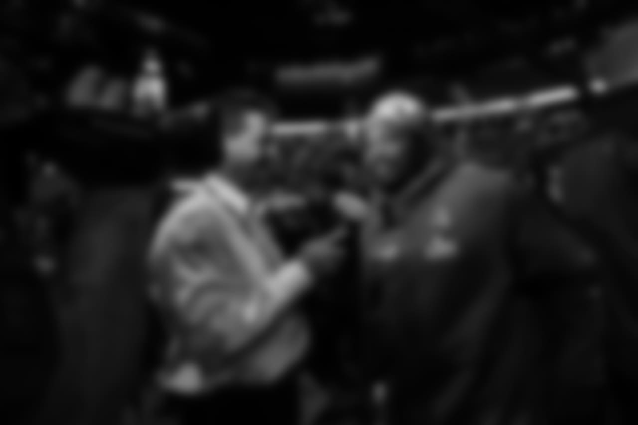 Running back (35) C.J. Anderson of the Los Angeles Rams is interviewed during Opening Night at State Farm Arena for Super Bowl LIII festivities. The Los Angeles Rams face off versus the New England Patriots. Monday, January 28, 2019, Atlanta, GA. (Will Navarro/Rams)