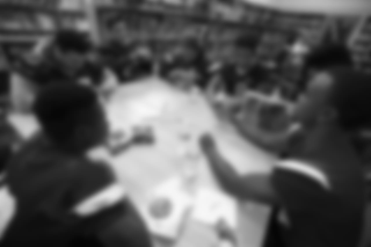 The Los Angeles Rams staff and current players Johnny Hekker, Aqib Talib, and Mark Barron with R.I.S.E staff hold a leadership session with aim to break socioeconomic barriers between two high schools (Morningside High School, And Oaks Christian School), with varying demographics. September 16, 2018, at Morningside High School, in Los Angeles, CA. (Daniel Bowyer/Rams)