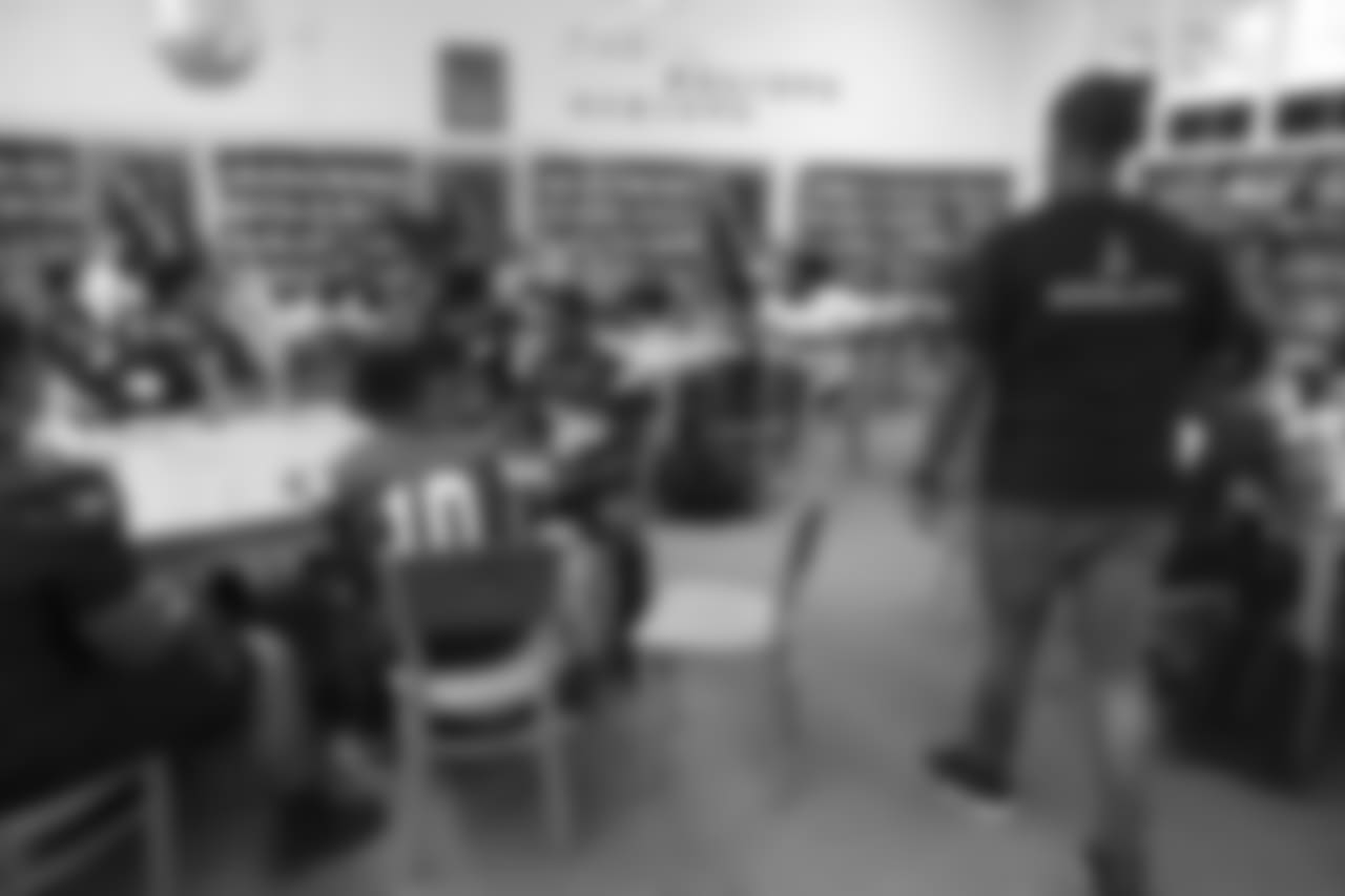 The Los Angeles Rams staff and current players Johnny Hekker, Aqib Talib, and Mark Barron with R.I.S.E staff hold a leadership session with aim to break socioeconomic barriers between two high schools (Morningside High School, And Oaks Christian School), with varying demographics. September 16, 2018, at Morningside High School, in Los Angeles, CA. (Daniel Bowyer/Rams)