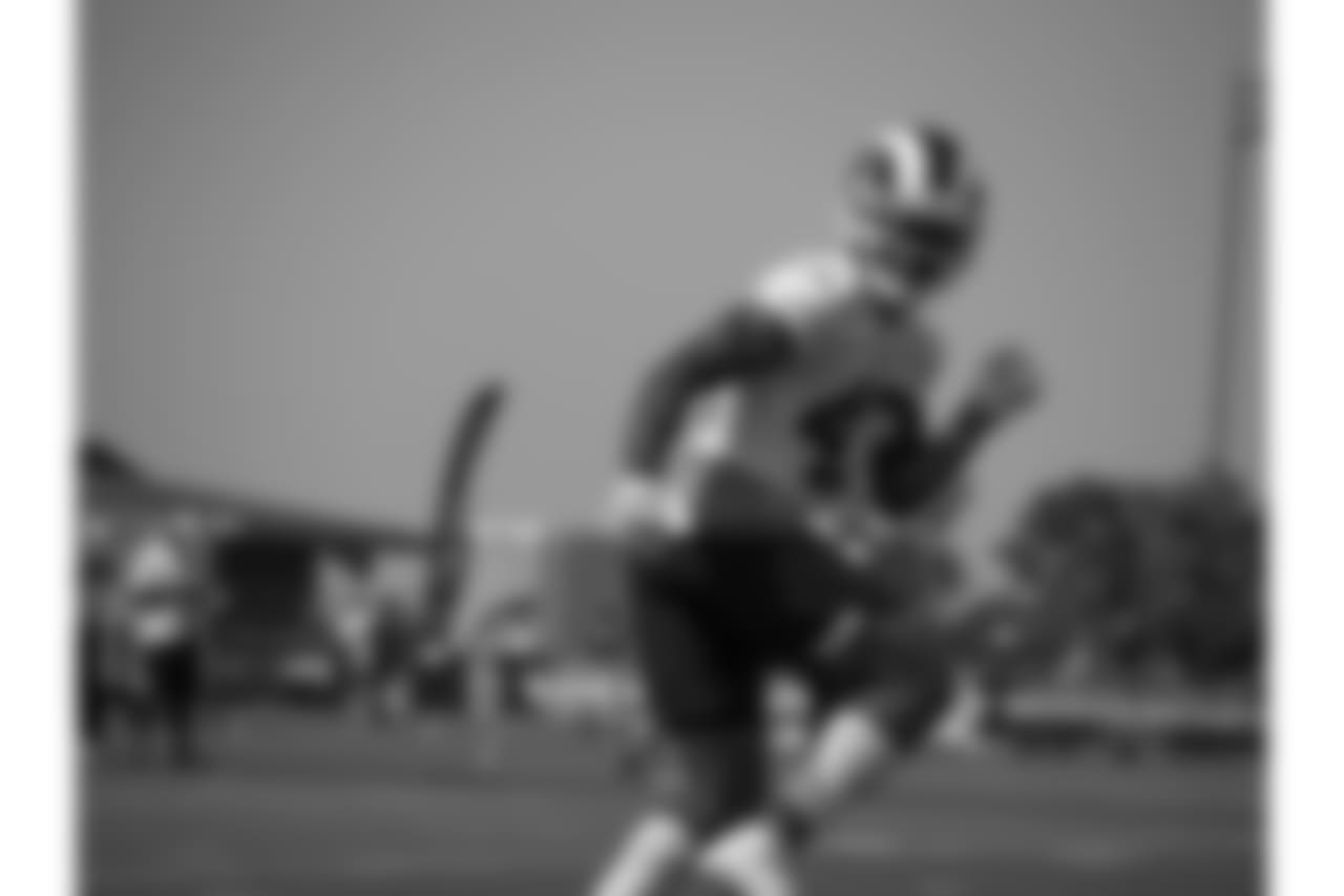 safety JOHN JOHNSON III (43) Of The Los Angeles Rams, running for reception for a drill during practice at training camp 2018 at University Of California Irvine in Irvine, CA on 08/11/2018 (rams/KameryonGreyBrown)
