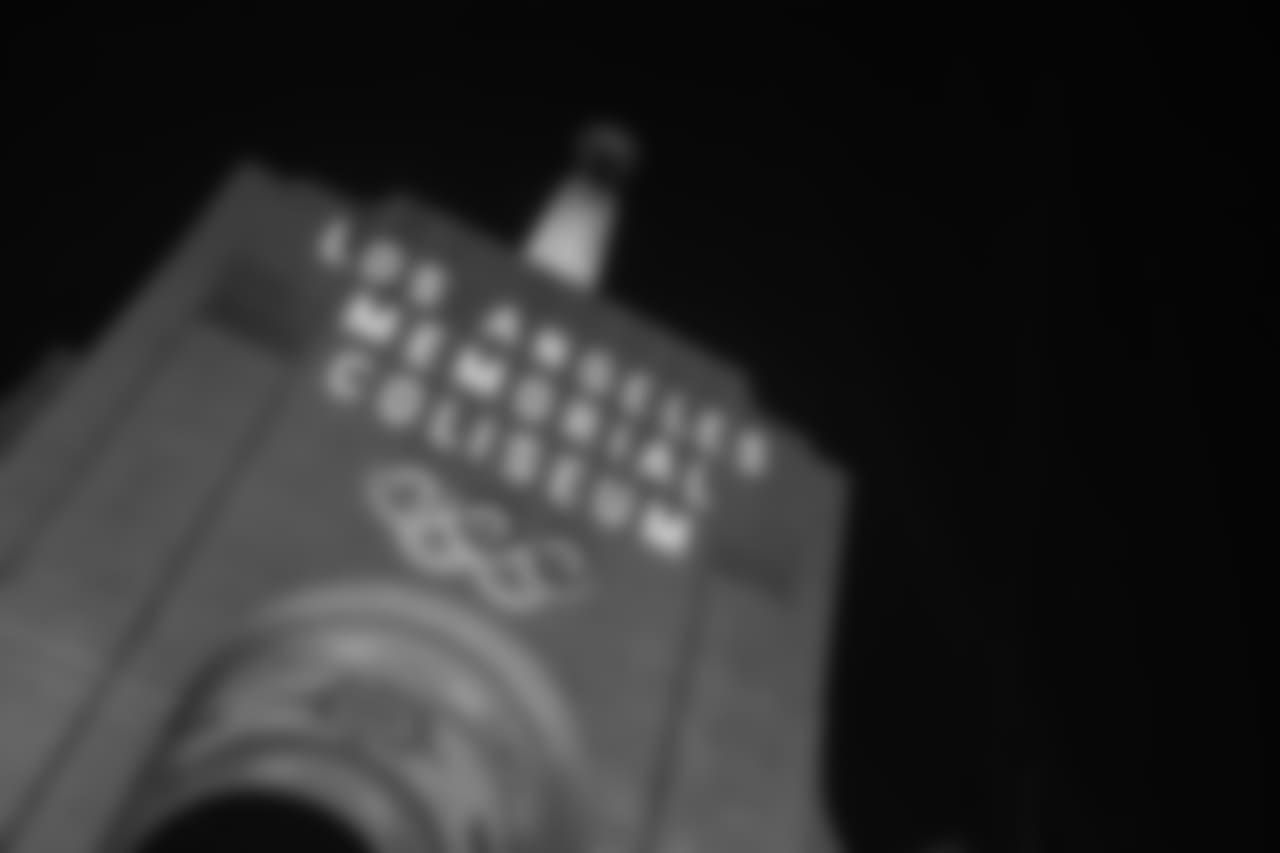 The LA Memorial Coliseum is lit blue two days before the Los Angeles Rams Playoff Game, Thursday, January 10, 2019, in Los Angeles, CA. (Jeff Lewis/Rams)