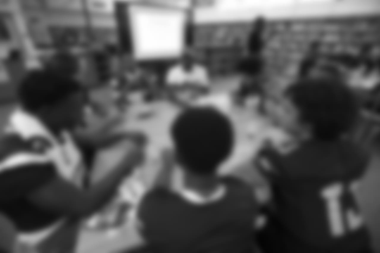 The Los Angeles Rams staff and current players Johnny Hekker, Aqib Talib, and Mark Barron with R.I.S.E staff hold a leadership session with aim to break socioeconomic barriers between two high schools (Morningside High School, And Oaks Christian School), with varying demographics. September 16, 2018, at Morningside High School, in Los Angeles, CA. (Daniel Bowyer/Rams)