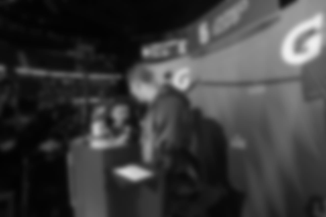 Quarterback (16) Jared Goff of the Los Angeles Rams is interviewed during Opening Night at State Farm Arena for Super Bowl LIII festivities. The Los Angeles Rams face off versus the New England Patriots. Monday, January 28, 2019, Atlanta, GA. (Will Navarro/Rams)