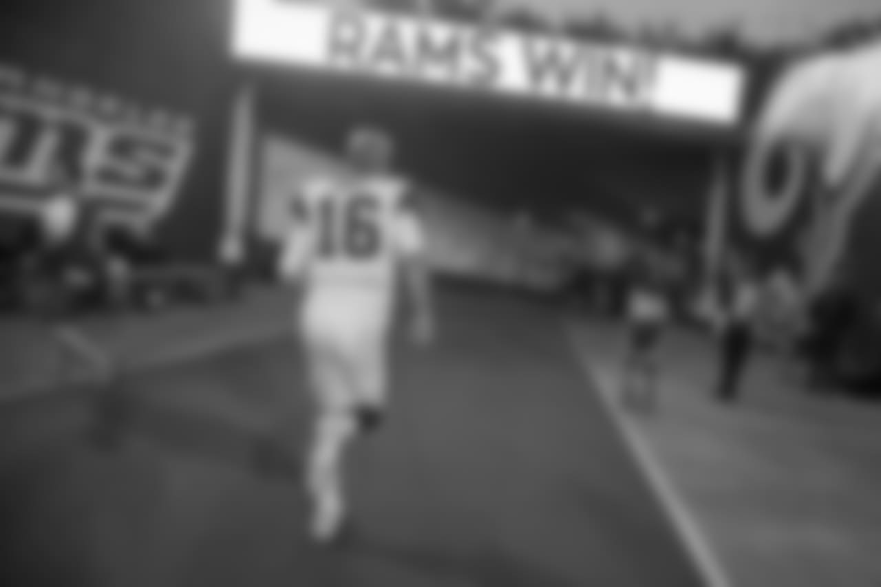 Quarterback (16) Jared Goff of the Los Angeles Rams walks off the field after the Rams 26-20 victory over the Saints in an NFL Week 12 football game, Sunday, November 26, 2017, in Los Angeles, CA. (Jeff Lewis/Rams)