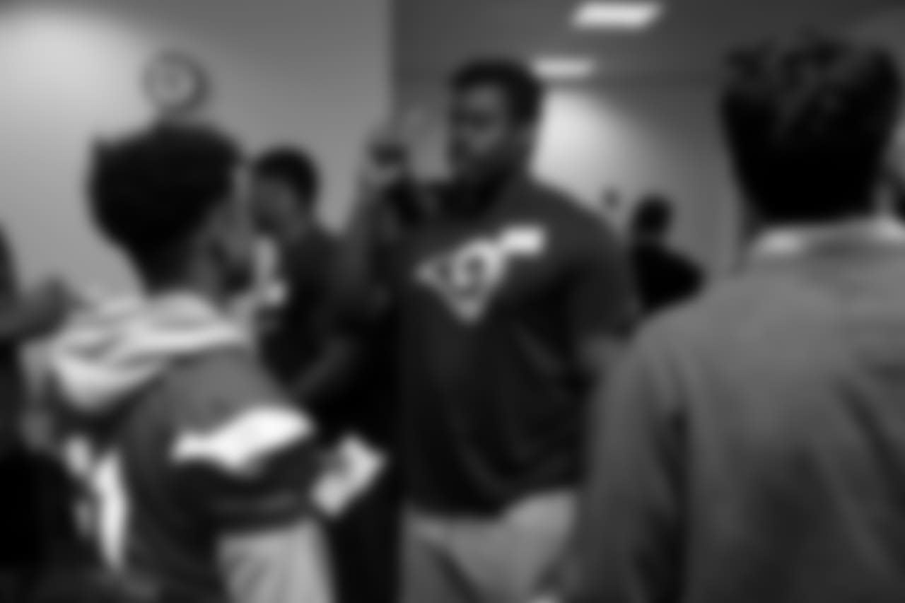 Los Angeles Rams defensive tackle Sebastian Joseph-Day (69) along with other players and staff of the Los Angeles Rams attends a leadership session held with aims of breaking socioeconomic barriers between two high schools with varying demographics with RISE (Ross Initiative in Sports for Equality) on September 17th, 2018 at Oaks Christian School in Westlake Village, Calif (Rams/Hiro Ueno)