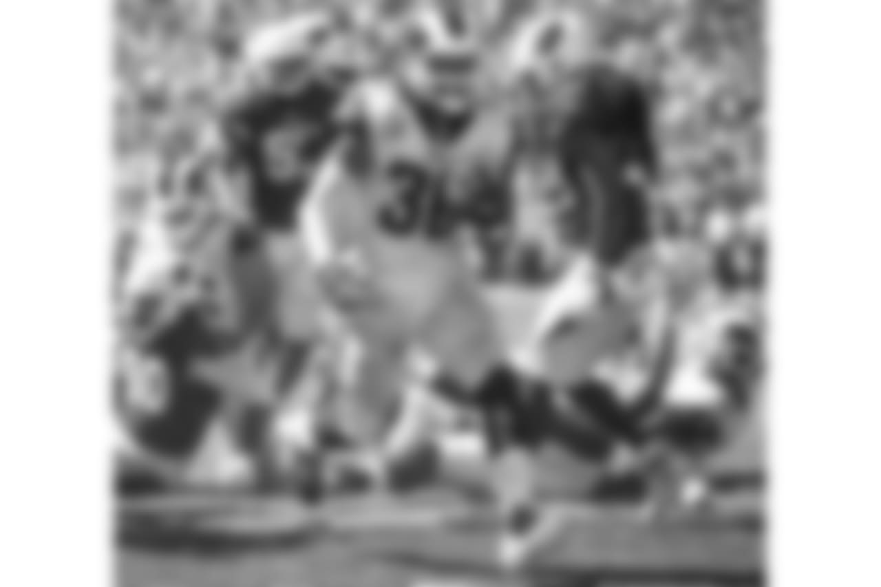 Running-back #30 Todd Gurley of the Los Angeles Rams with his third touchdown of the day during the Rams 34-0 victory over the Arizona Cardinals in an NFL season game two match, on September 16, 2018, in Los Angeles, CA. (Daniel Bowyer/Rams)