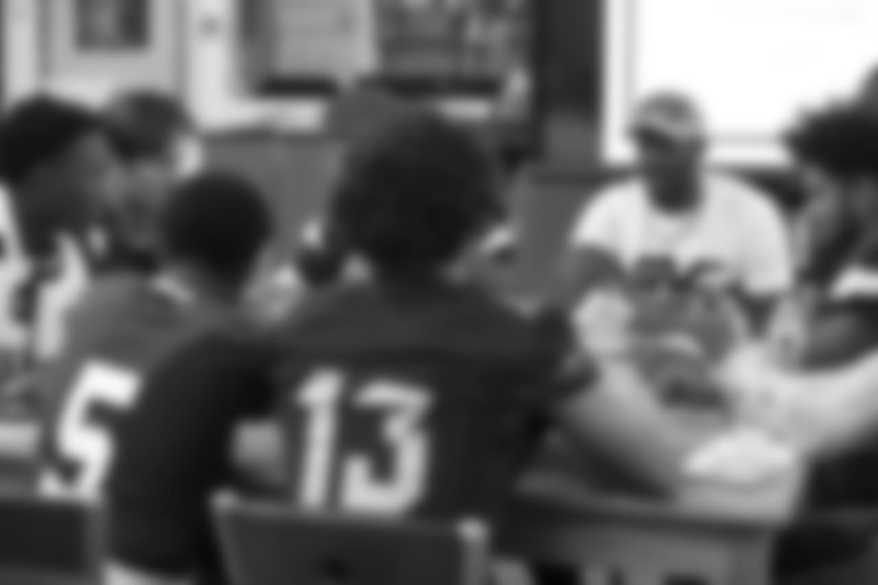 The Los Angeles Rams staff and current players Johnny Hekker, Aqib Talib, and Mark Barron with R.I.S.E staff hold a leadership session with aim to break socioeconomic barriers between two high schools (Morningside High School, And Oaks Christian School), with varying demographics. September 16, 2018, at Morningside High School, in Los Angeles, CA. (Daniel Bowyer/Rams)