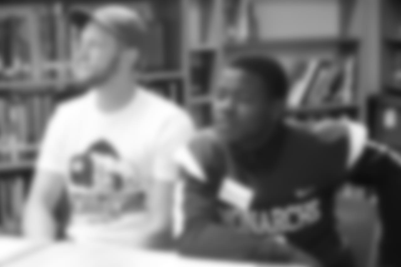 The Los Angeles Rams staff and current players Johnny Hekker, Aqib Talib, and Mark Barron with R.I.S.E staff hold a leadership session with aim to break socioeconomic barriers between two high schools (Morningside High School, And Oaks Christian School), with varying demographics. September 16, 2018, at Morningside High School, in Los Angeles, CA. (Daniel Bowyer/Rams)
