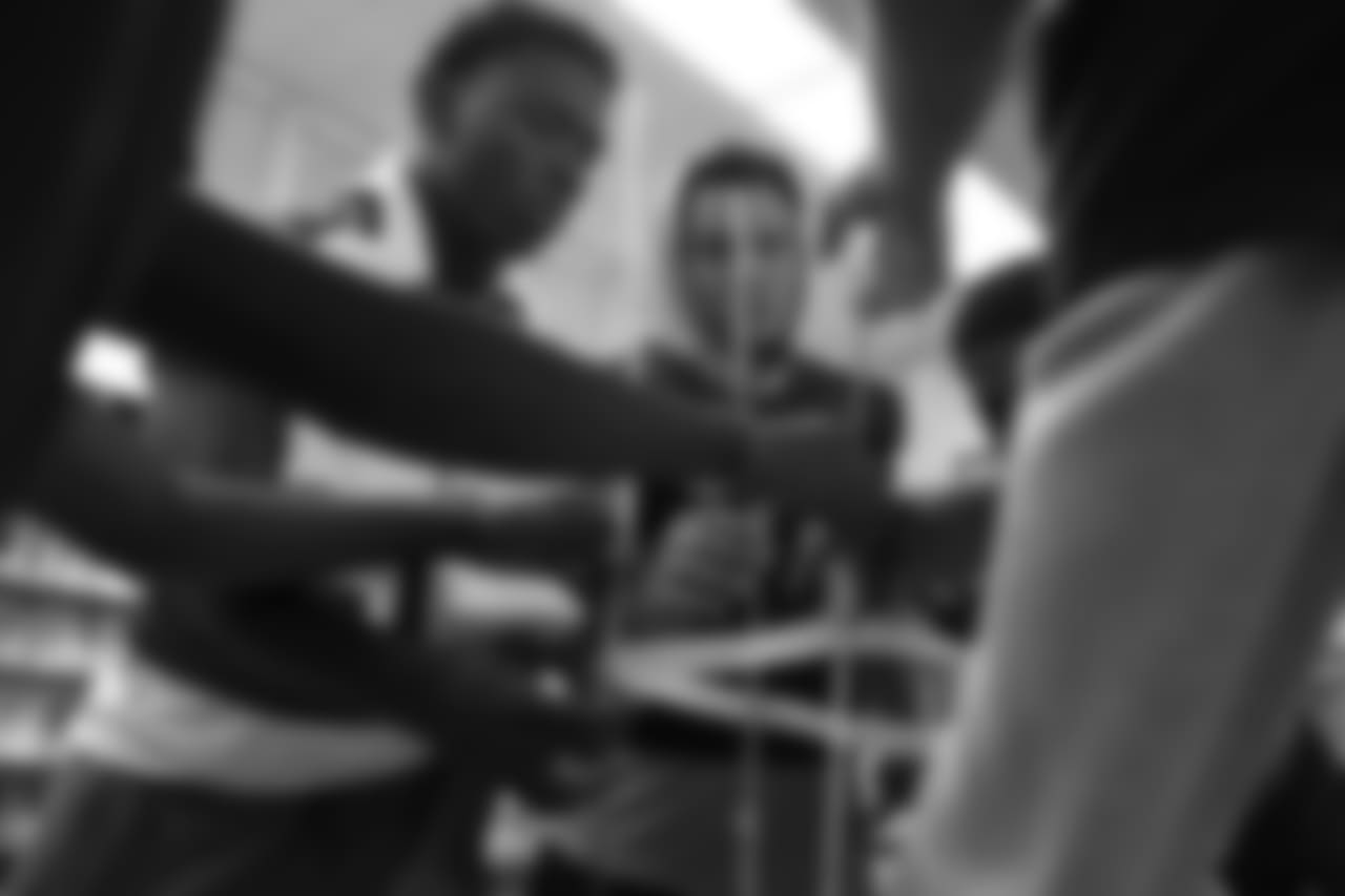 The Los Angeles Rams staff and current players Johnny Hekker, Aqib Talib, and Mark Barron with R.I.S.E staff hold a leadership session with aim to break socioeconomic barriers between two high schools (Morningside High School, And Oaks Christian School), with varying demographics. September 16, 2018, at Morningside High School, in Los Angeles, CA. (Daniel Bowyer/Rams)