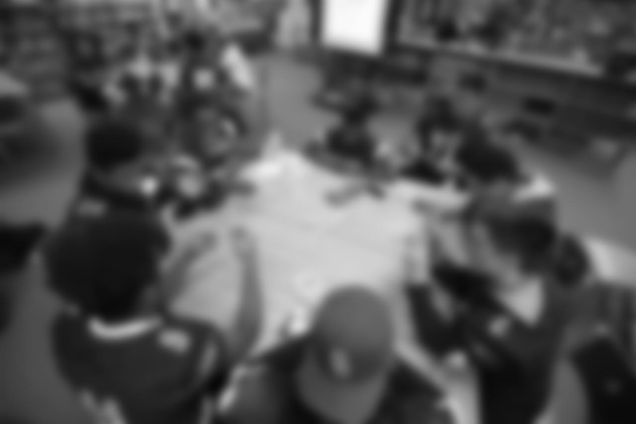 The Los Angeles Rams staff and current players Johnny Hekker, Aqib Talib, and Mark Barron with R.I.S.E staff hold a leadership session with aim to break socioeconomic barriers between two high schools (Morningside High School, And Oaks Christian School), with varying demographics. September 16, 2018, at Morningside High School, in Los Angeles, CA. (Daniel Bowyer/Rams)
