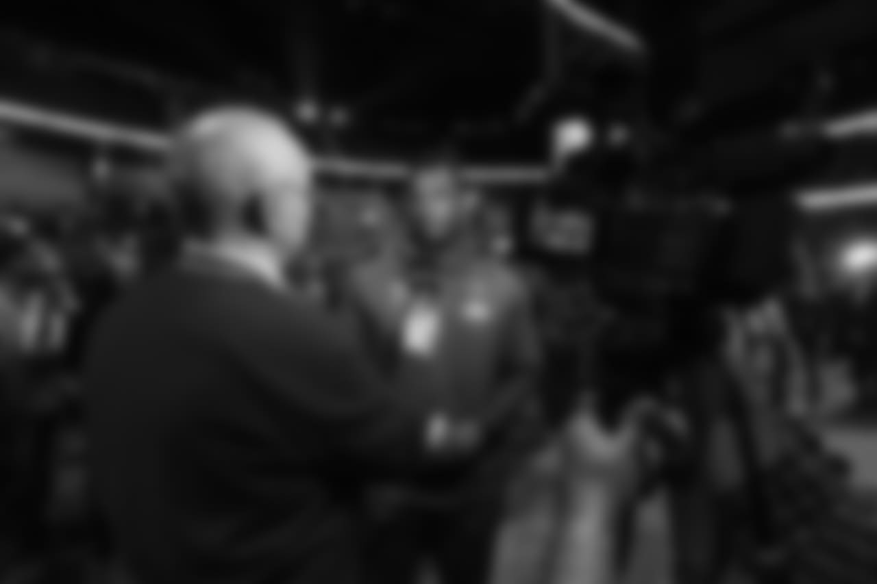 Defensive end (94) John Franklin-Myers of the Los Angeles Rams is interviewed during Opening Night at State Farm Arena for Super Bowl LIII festivities. The Los Angeles Rams face off versus the New England Patriots. Monday, January 28, 2019, Atlanta, GA. (Will Navarro/Rams)