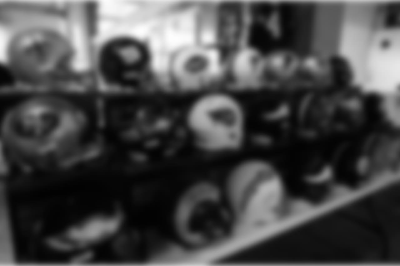 Signed NFL helmets are seen prior to the NFL Pro Bowl Football Game, Sunday, Jan. 27, 2019, in Orlando, Fla. (Matt Patterson via AP)