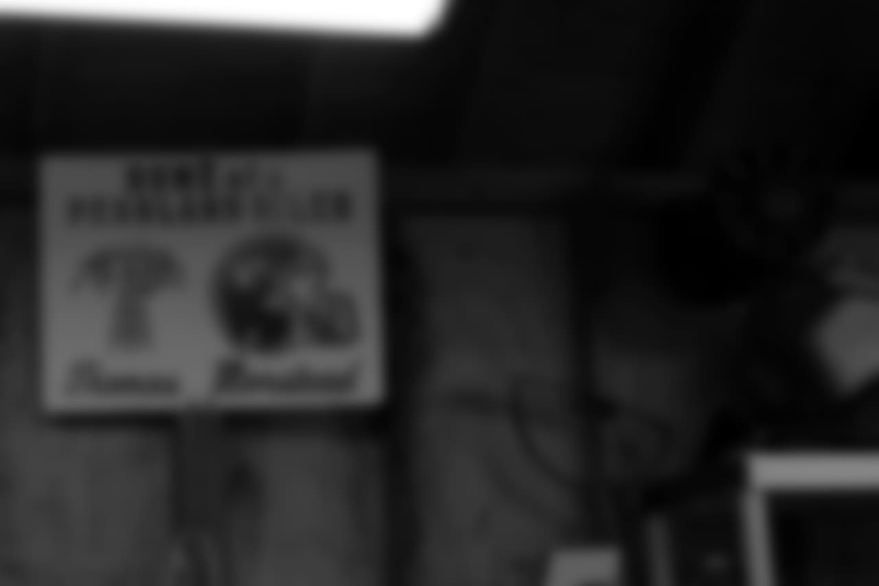 A detail view of memorabilia is seen in the childhood home in the hometown of New Orleans Saints punter Thomas Morstead in Pearland, Texas.