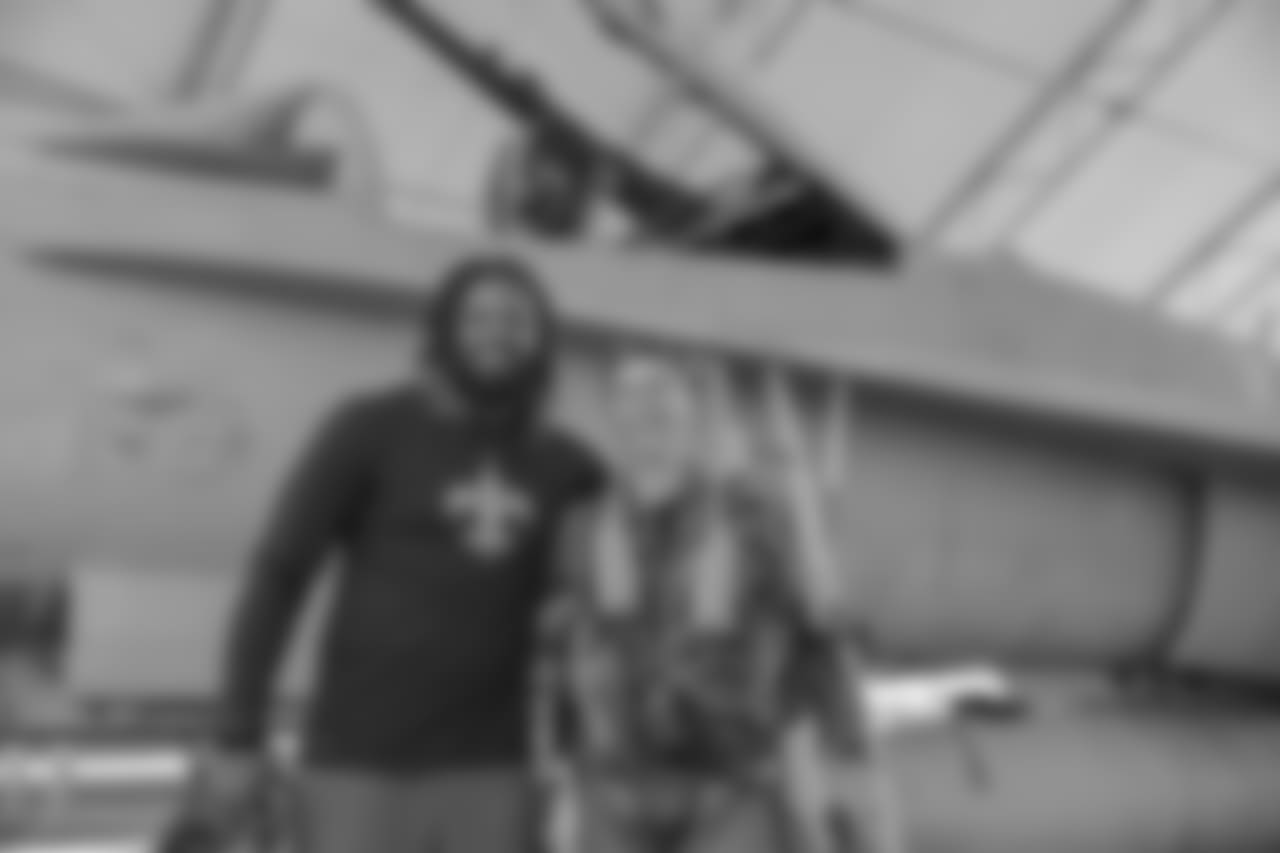 New Orleans Saints players visit with service men and women as well as tour the facilities at Naval Air Station Joint Reserve Base in Belle Chasse on October 30, 2018 as part of NFL "Salute to Service" week and a USAA initiative.