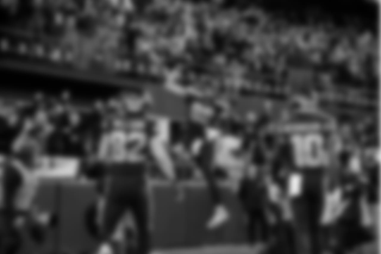 Seahawks tight end Jimmy Graham celebrates with fans in the north end zone after his touchdown reception gave Seattle a 10-0 first quarter lead.