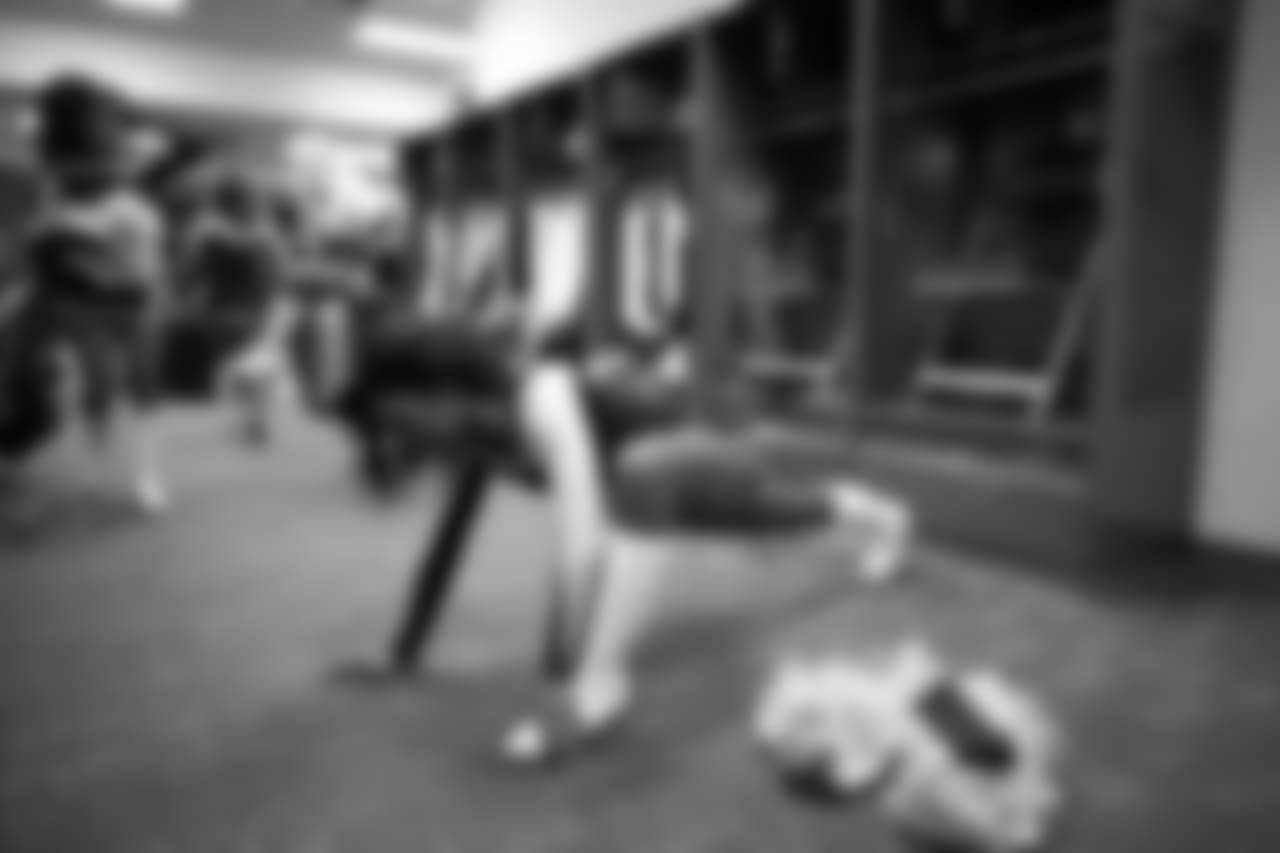 Quick uniform change and a stretch before walking out for the Sea Gals pregame performance.