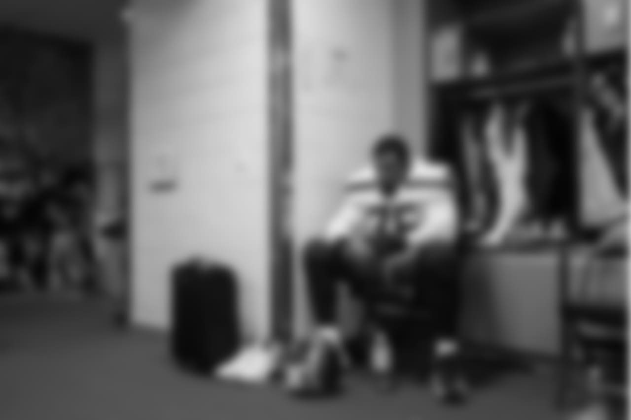Left tackle Duane Brown focuses in a corner of the locker room just prior to the team leaving for pregame introductions.