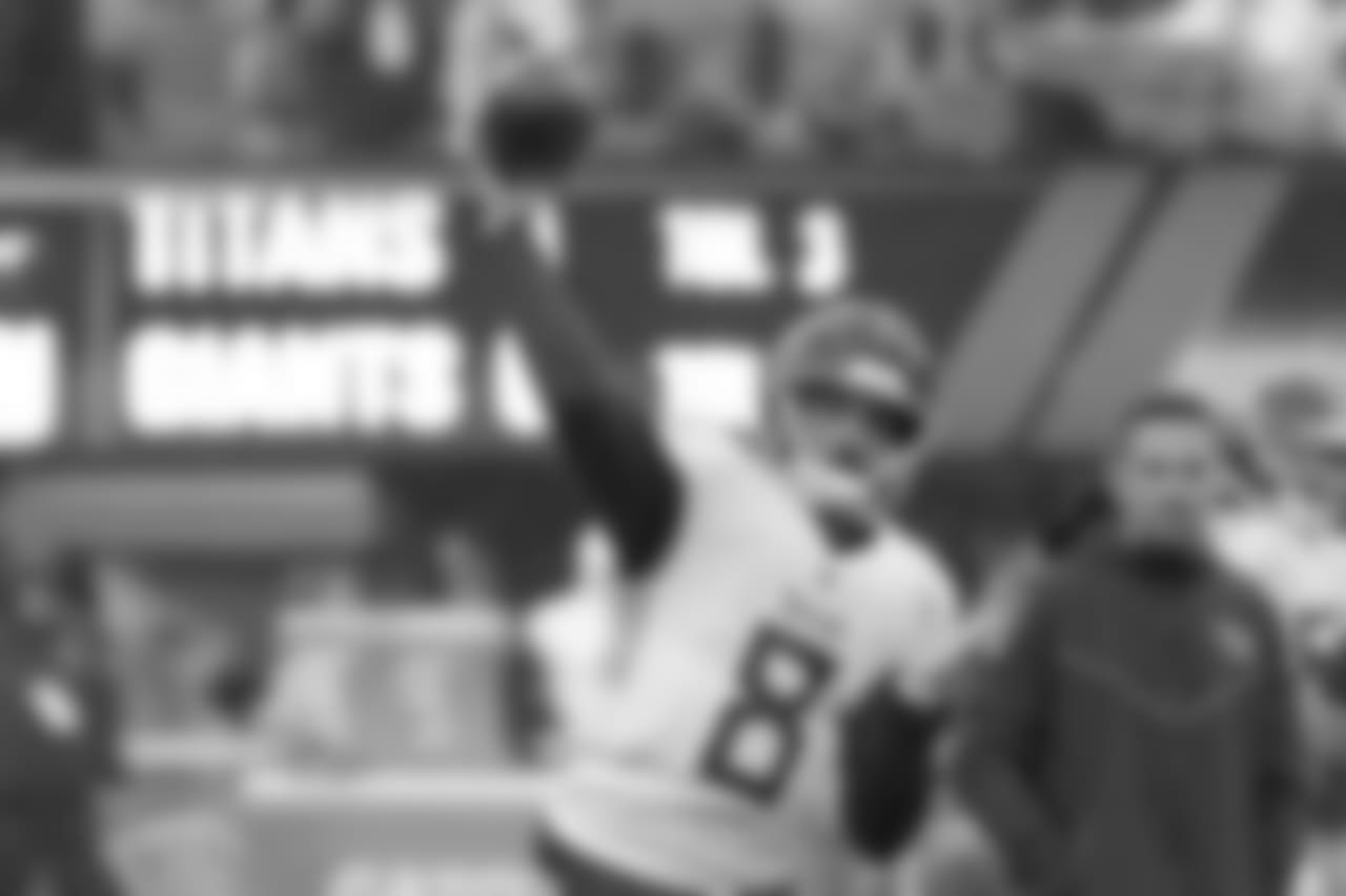 Tennessee Titans quarterback Marcus Mariota works out prior to an NFL football game against the New York Giants, Sunday, Dec. 16, 2018, in East Rutherford, N.J. (AP Photo/Bill Kostroun)