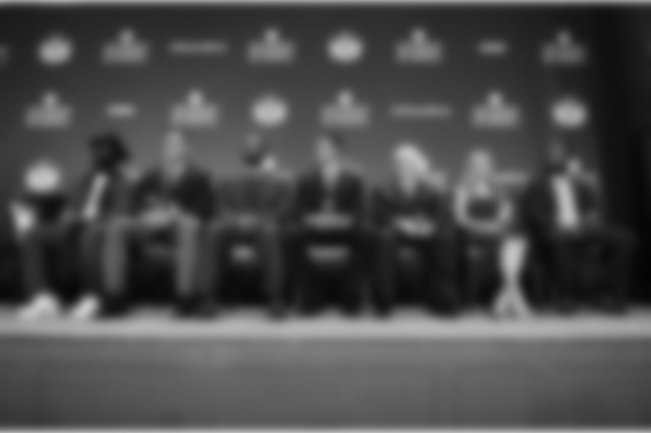 Ed Reed, from left, Kevin Mawae, Ty Law, Tony Gonzalez, Gil Brandt, Brittany Bowlen on behalf of Pat Bowlen, and Champ Bailey, who will be inducted into the Pro Football Hall of Fame class of 2019, speak at the 8th Annual NFL Honors at The Fox Theatre on Saturday, Feb. 2, 2019, in Atlanta. (Photo by Joy Asico/Invision for NFL/AP Images)