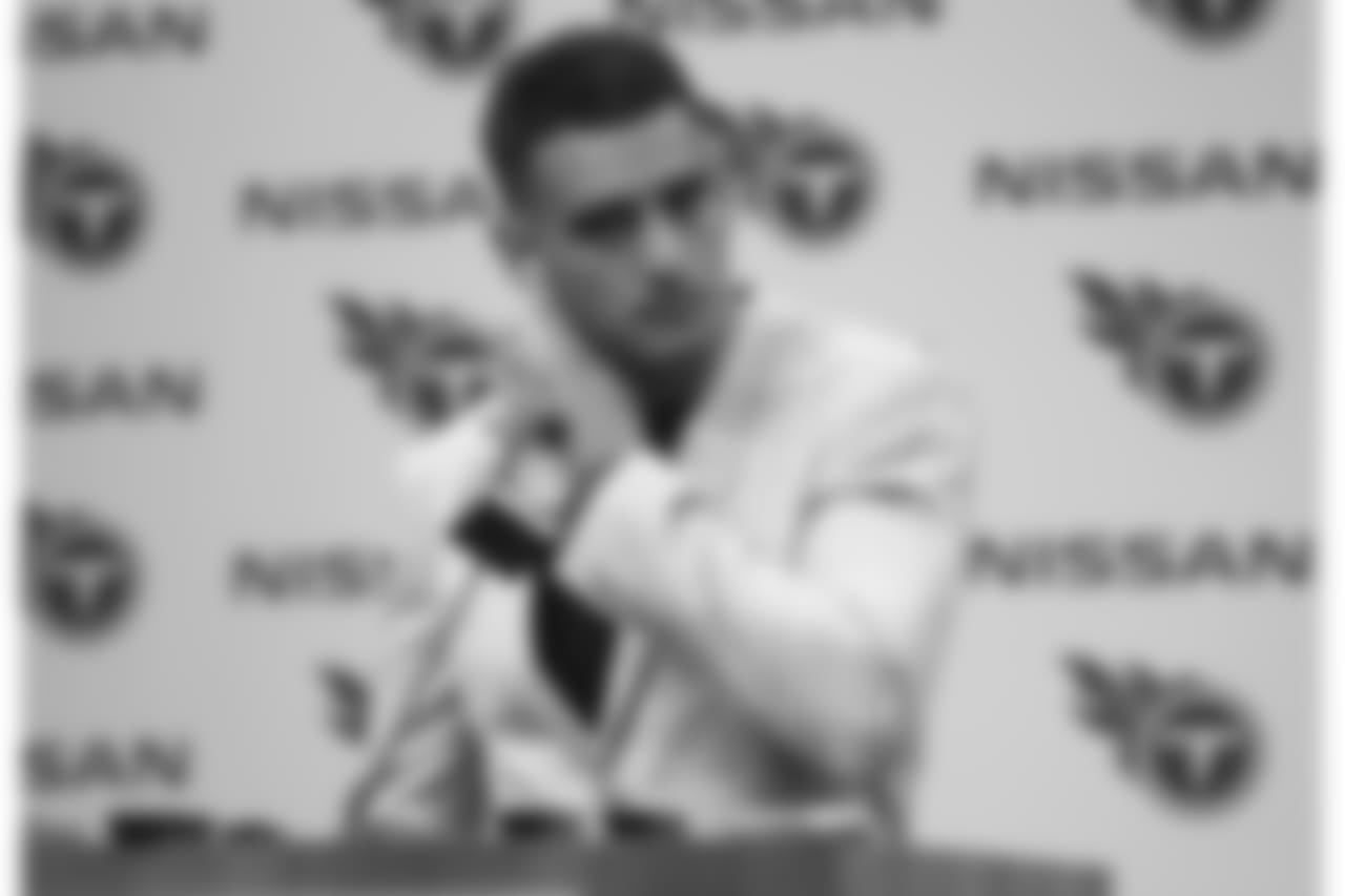 Tennessee Titans quarterback Marcus Mariota answers questions after an NFL football game against the Baltimore Ravens Sunday, Oct. 14, 2018, in Nashville, Tenn. The Ravens won 21-0. (AP Photo/Wade Payne)