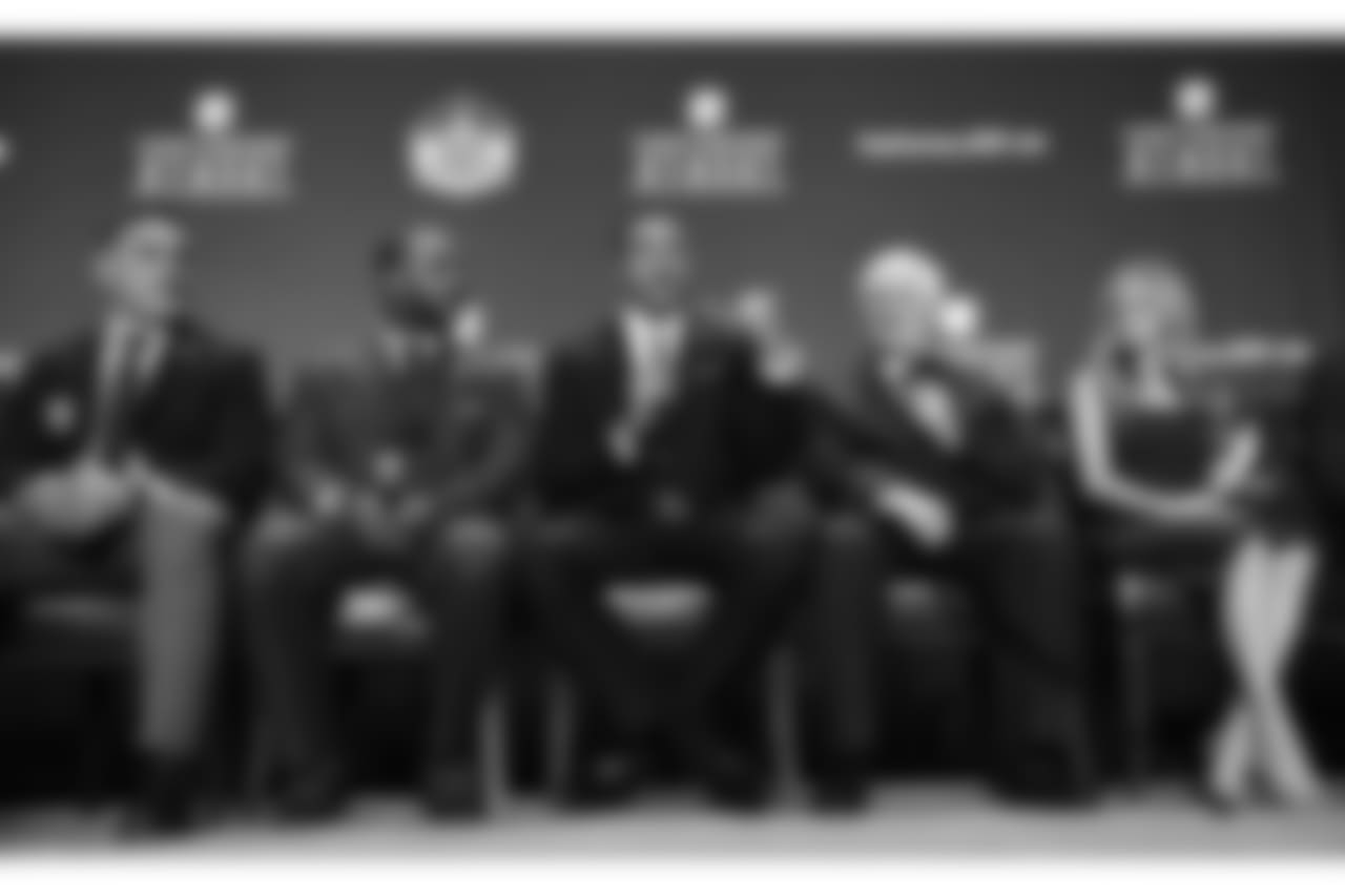 Kevin Mawae, from left, Ty Law, Tony Gonzalez, Gil Brandt, and Brittany Bowlen on behalf of Pat Bowlen, who will be inducted into the Pro Football Hall of Fame class of 2019, speak at the 8th Annual NFL Honors at The Fox Theatre on Saturday, Feb. 2, 2019, in Atlanta. (Photo by Joy Asico/Invision for NFL/AP Images)