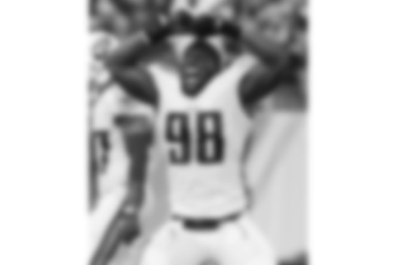 FILE - In this Aug. 20, 2016, file photo, Tennessee Titans outside linebacker Brian Orakpo celebrates his tackle of Carolina Panthers quarterback Cam Newton in the first half of an NFL preseason football game in Nashville, Tenn. Orakpo is averaging a sack a game so far and has four of the Titans' six sacks as they prepare to play Miami on Sunday, Oct. 9, 2016. (AP Photo/Mark Zaleski, File)