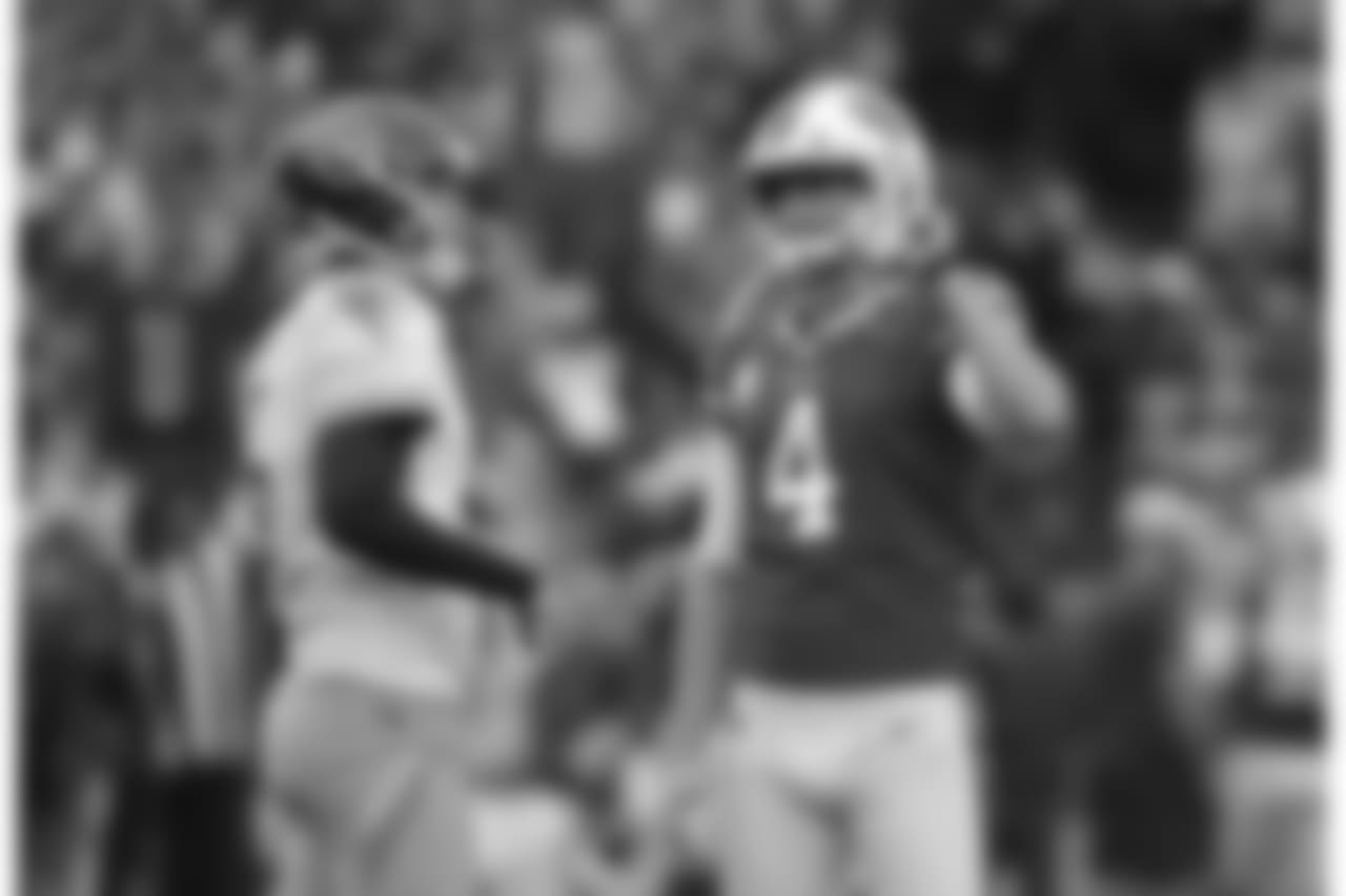 Tennessee Titans punter Brett Kern (6) and Buffalo Bills kicker Stephen Hauschka (4) in the first half during an NFL football game, Sunday, Oct. 7, 2018, in Orchard Park, New York. (AP Photo/Rick Scuteri)
