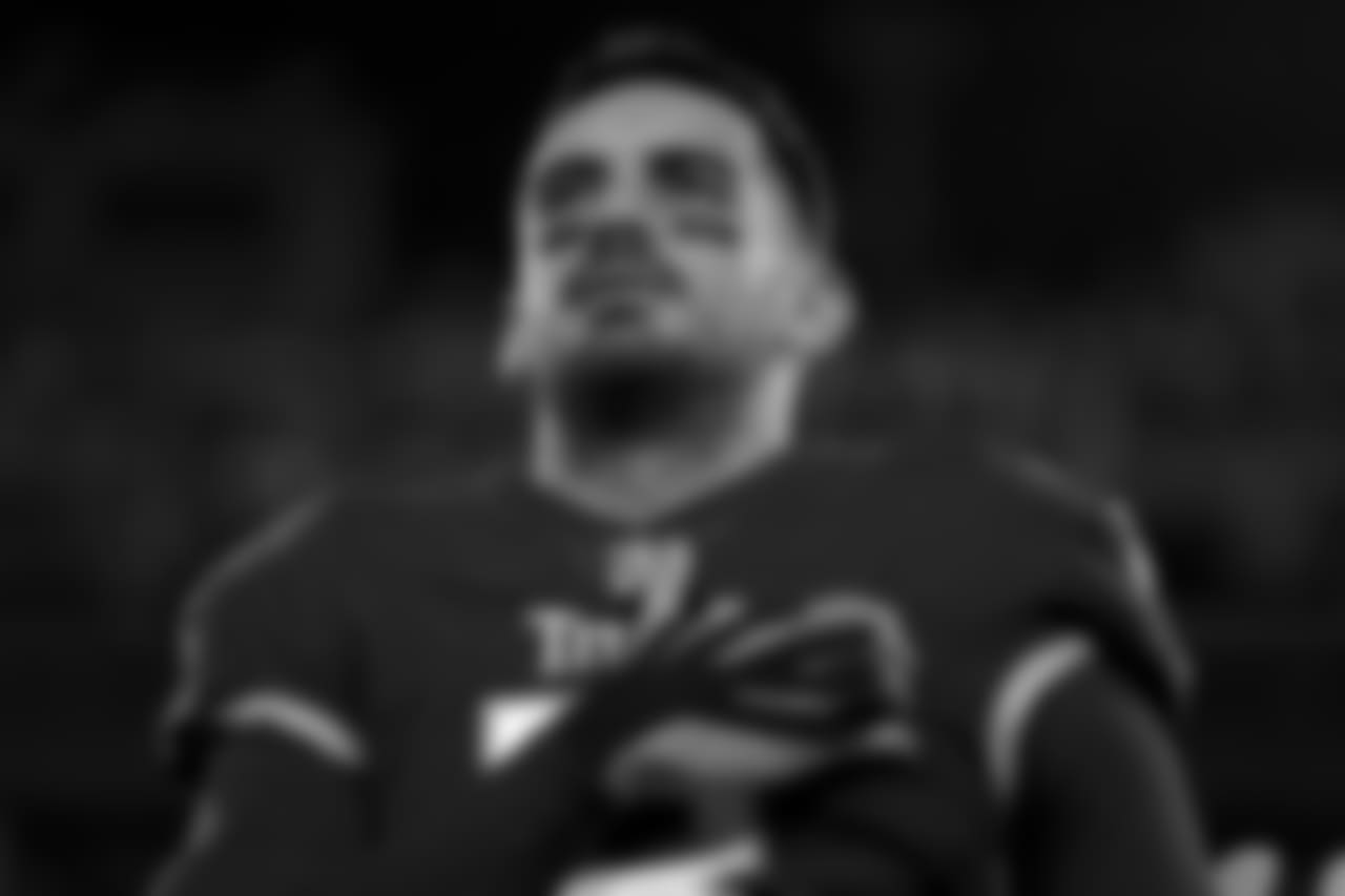 Tennessee Titans quarterback Marcus Mariota (8) stands on the field during the national anthem prior to an NFL football game against the Jacksonville Jaguars, Thursday, Dec. 06, 2018 in Nashville,TN. (Aaron Doster via AP)