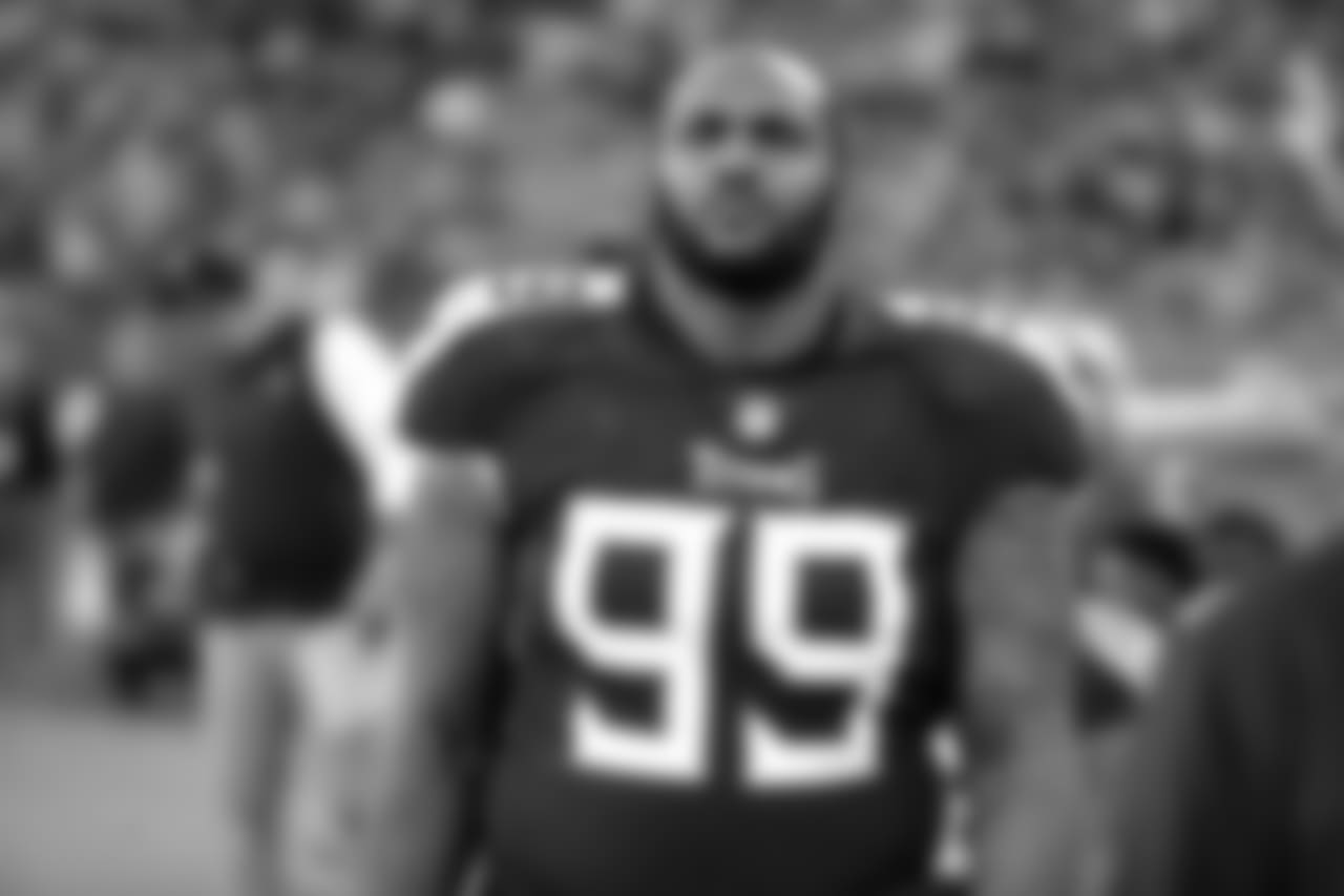 Tennessee Titans defensive end Jurrell Casey looks at the scoreboard in the first half of an NFL football game against the Tennessee Titans Sunday, Dec. 2, 2018, in Nashville, Tenn. (AP Photo/James Kenney)
