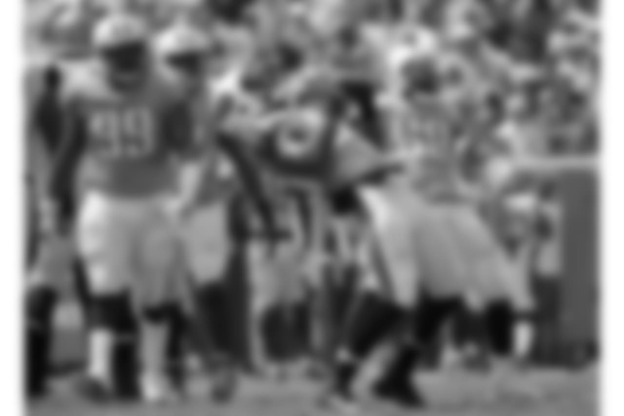 FILE - In this Sept. 17, 2017, file photo, Tennessee Titans defensive end Jurrell Casey (99), outside linebacker Brian Orakpo (98), second from right, inside linebacker Avery Williamson (54) and linebacker Wesley Woodyard (59) celebrate after Orakpo sacked Jacksonville Jaguars quarterback Blake Bortles during the first half an NFL football game in Jacksonville, Fla. Since that 57-14 loss in Houston on Oct. 1, the Titans have been among the NFL’s stingiest defenses ranking third giving up only 253 yards per game behind only Carolina (246) and Minnesota (246.3) in that span. (AP Photo/Phelan M. Ebenhack, File)