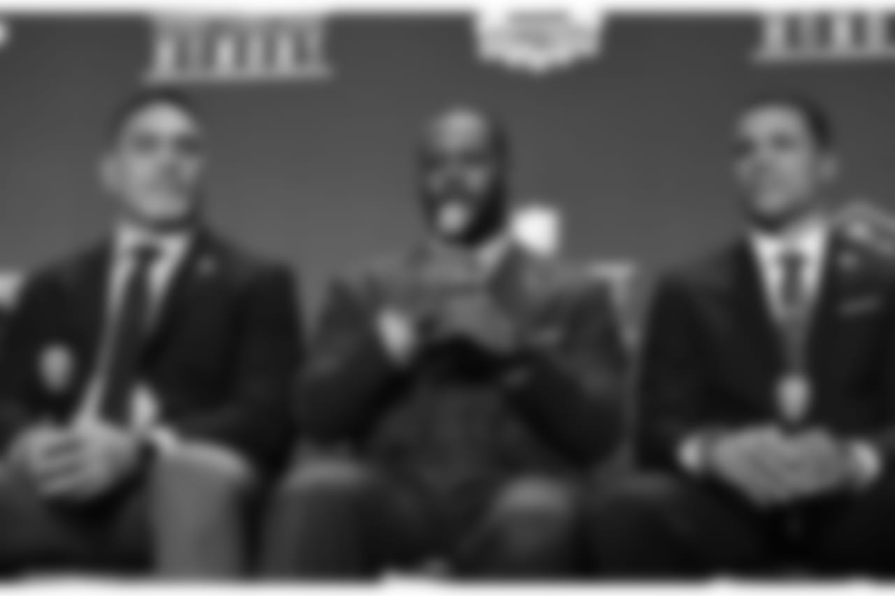 Kevin Mawae, from left, Ty Law, and Tony Gonzalez, who will be inducted into the Pro Football Hall of Fame class of 2019, speak at the 8th Annual NFL Honors at The Fox Theatre on Saturday, Feb. 2, 2019, in Atlanta. (Photo by Joy Asico/Invision for NFL/AP Images)