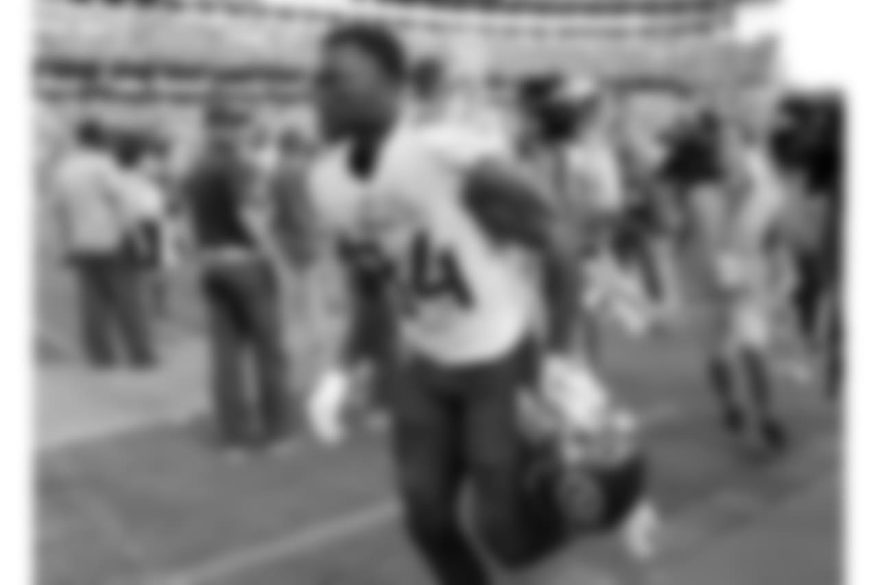 Tennessee Titans wide receiver Corey Davis runs off the field after the Titans beat the Philadelphia Eagles in overtime of an NFL football game Sunday, Sept. 30, 2018, in Nashville, Tenn. Davis caught the winning pass to give the Titans a 26-23 win. (AP Photo/James Kenney)