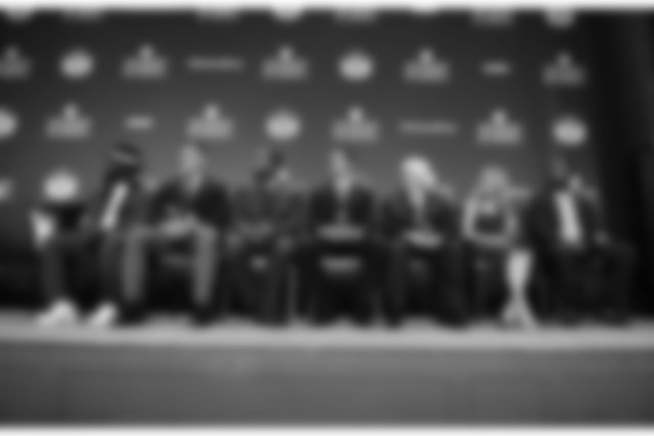 Ed Reed, from left, Kevin Mawae, Ty Law, Tony Gonzalez, Gil Brandt, Brittany Bowlen on behalf of Pat Bowlen, and Champ Bailey, who will be inducted into the Pro Football Hall of Fame class of 2019, speak at the 8th Annual NFL Honors at The Fox Theatre on Saturday, Feb. 2, 2019, in Atlanta. (Photo by Joy Asico/Invision for NFL/AP Images)