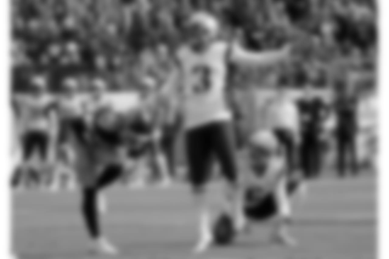 New England Patriots kicker Stephen Gostkowski (3) watches his 52-yard field goal against the Tennessee Titans in the first half of an NFL football game Sunday, Nov. 11, 2018, in Nashville, Tenn. (AP Photo/James Kenney)